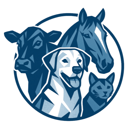 Illustration of a cow, horse, dog, and cat inside a circular frame, depicted in shades of blue.